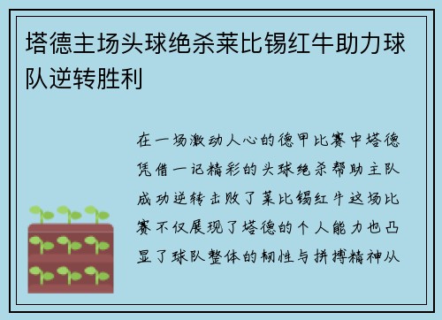 塔德主场头球绝杀莱比锡红牛助力球队逆转胜利
