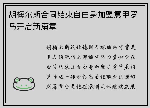 胡梅尔斯合同结束自由身加盟意甲罗马开启新篇章 胡梅尔斯合同结束自由身加盟意甲罗马开启新篇章