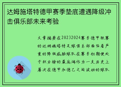 达姆施塔特德甲赛季垫底遭遇降级冲击俱乐部未来考验